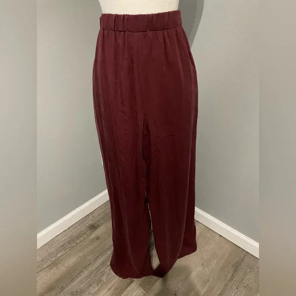 Burgundy Wide Leg High Waisted Tie Waist Trousers